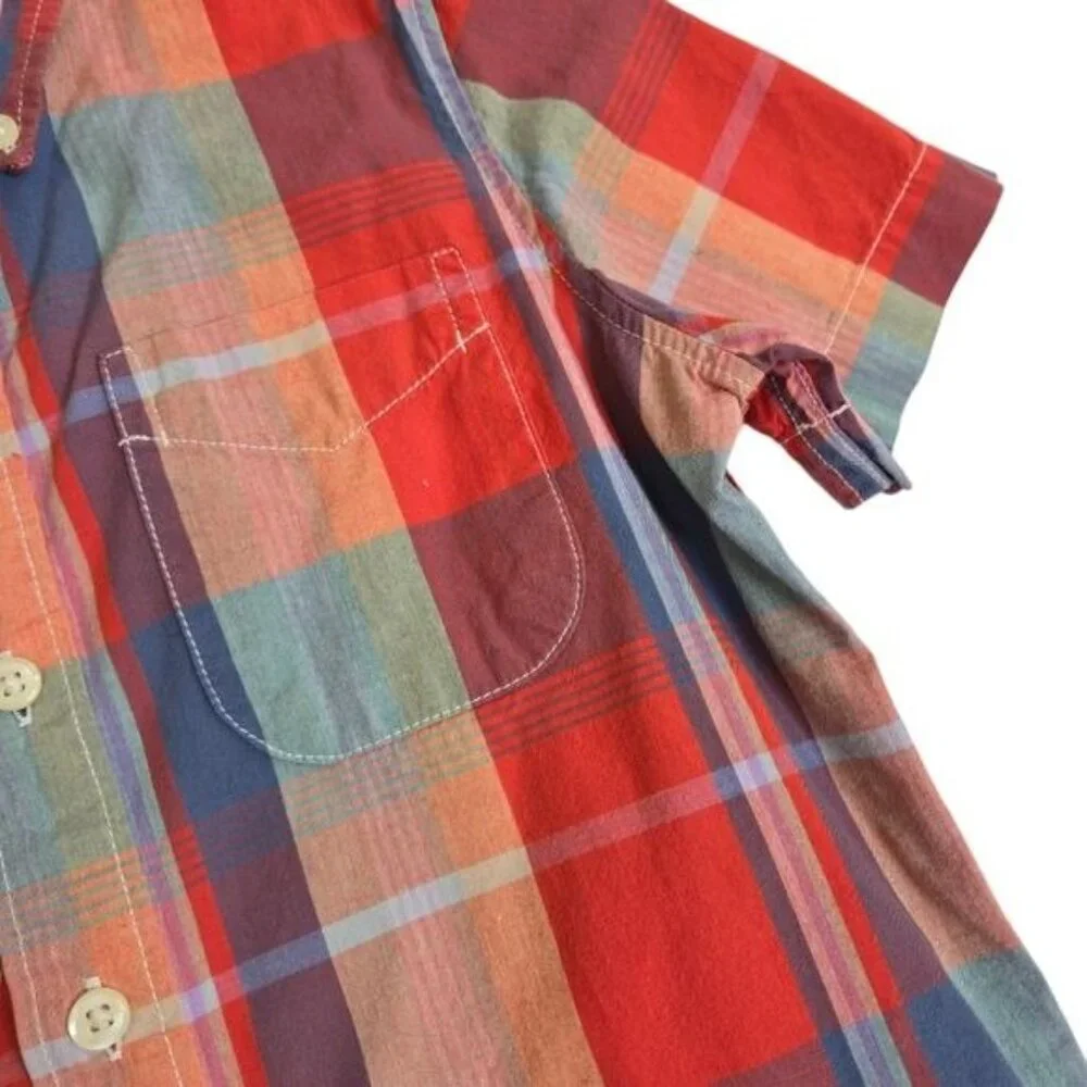 Gap kids orange and blue plaid short sleeve button down shirt small (6-7)
